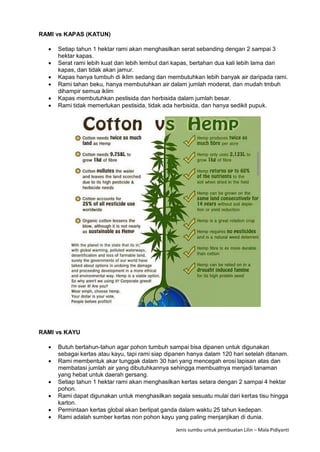 Jenis sumbu untuk pembuatan Lilin – Mala Pidiyanti
RAMI vs KAPAS (KATUN)
 Setiap tahun 1 hektar rami akan menghasilkan serat sebanding dengan 2 sampai 3
hektar kapas.
 Serat rami lebih kuat dan lebih lembut dari kapas, bertahan dua kali lebih lama dari
kapas, dan tidak akan jamur.
 Kapas hanya tumbuh di iklim sedang dan membutuhkan lebih banyak air daripada rami.
 Rami tahan beku, hanya membutuhkan air dalam jumlah moderat, dan mudah tmbuh
dihampir semua iklim
 Kapas membutuhkan pestisida dan herbisida dalam jumlah besar.
 Rami tidak memerlukan pestisida, tidak ada herbisida, dan hanya sedikit pupuk.
RAMI vs KAYU
 Butuh bertahun-tahun agar pohon tumbuh sampai bisa dipanen untuk digunakan
sebagai kertas atau kayu, tapi rami siap dipanen hanya dalam 120 hari setelah ditanam.
 Rami membentuk akar tunggak dalam 30 hari yang mencegah erosi lapisan atas dan
membatasi jumlah air yang dibutuhkannya sehingga membuatnya menjadi tanaman
yang hebat untuk daerah gersang.
 Setiap tahun 1 hektar rami akan menghasilkan kertas setara dengan 2 sampai 4 hektar
pohon.
 Rami dapat digunakan untuk menghasilkan segala sesuatu mulai dari kertas tisu hingga
karton.
 Permintaan kertas global akan berlipat ganda dalam waktu 25 tahun kedepan.
 Rami adalah sumber kertas non pohon kayu yang paling menjanjikan di dunia.
 