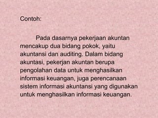 Contoh:


      Pada dasarnya pekerjaan akuntan
mencakup dua bidang pokok, yaitu
akuntansi dan auditing. Dalam bidang
akuntasi, pekerjan akuntan berupa
pengolahan data untuk menghasilkan
informasi keuangan, juga perencanaan
sistem informasi akuntansi yang digunakan
untuk menghasilkan informasi keuangan.
 