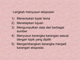 Langkah menyusun eksposisi:

1) Menentukan topik/ tema
2) Menetapkan tujuan
3) Mengumpulkan data dari berbagai
   sumber
4) Menyusun kerangka karangan sesuai
   dengan topik yang dipilih
5) Mengembangkan kerangka menjadi
   karangan eksposisi.
 