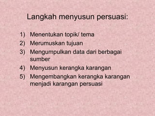 Langkah menyusun persuasi:

1) Menentukan topik/ tema
2) Merumuskan tujuan
3) Mengumpulkan data dari berbagai
   sumber
4) Menyusun kerangka karangan
5) Mengembangkan kerangka karangan
   menjadi karangan persuasi
 