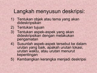 Langkah menyusun deskripsi:
1) Tentukan objek atau tema yang akan
   dideskripsikan
2) Tentukan tujuan
3) Tentukan aspek-aspek yang akan
   dideskripsikan dengan melakukan
   pengamatan
4) Susunlah aspek-aspek tersebut ke dalam
   urutan yang baik, apakah urutan lokasi,
   urutan waktu, atau urutan menurut
   kepentingan
5) Kembangkan kerangka menjadi deskripsi
 