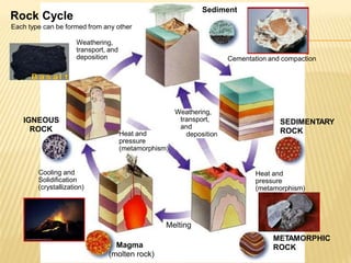 Sediment
Rock Cycle
Each type can be formed from any other
Weathering,
transport, and
deposition Cementation and compaction
Weathering,
transport,
and
IGNEOUS
ROCK
SEDIMENTARY
ROCK
Heat and
pressure
deposition
(metamorphism)
Cooling and
Solidification
(crystallization)
Heat and
pressure
(metamorphism)
Melting
METAMORPHIC
ROCK
Magma
(molten rock)
 