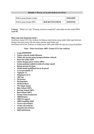 REKRUT PEJALAN KAKI SEBAGAI GENG
Rekrut geng dengan senjata SJMAHPE
Rekrut geng dengan RPG ROCKETMAYHEM ZSOXFSQ
Catatan : "Mobil Air" dan "Pimping missions completed" code tidak tersedia untuk GTA
versi PC.
Bagi yang mau langsung tamat :
SaveGame tamat GTA San Andreas ini khusus untuk kalian yang sudah tidak ingin bermain
dengan misi-misi yang sulit dan ingin sekedar main bebas saja.
SaveGame GTA San Andreas ini sudah tamat 100% jadi tidak ada lagi misi yang di jalankan.
Fitur - Fitur SaveGame 100% Tamat GTA San Andreas
Uang $999999999
Semua wilayah sudah dikuasai
Tidak ada perang geng memperebutkan wilayah
Fitur hot coffee aktif
Status dengan pacar semua 100%
Semua pakaian sudah tersedia di setiap rumah
Belum pernah di cheat
Mobil-mobil modifikasi keren di garasi
Level paramedis 12
Vigilante 12
Pimping level 12
100 Tag
50 Oysters
50 Snapshots
50 Horseshoes
70 Unique Stunts
Bike School 100%
Driving School 100%
Boat School 100%
Semua status kendaraan
1000 Respect
2000 Sex appeal
1000 Gambling Skill
Nyawa tak terbatas
Armor tak terbatas
Amunisi tak terbatas
Skill maksimum
 