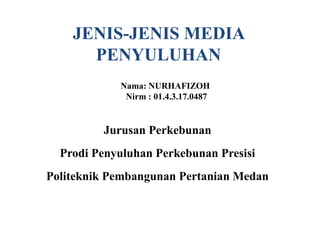 JENIS-JENIS MEDIA
PENYULUHAN
Nama: NURHAFIZOH
Nirm : 01.4.3.17.0487
Jurusan Perkebunan
Prodi Penyuluhan Perkebunan Presisi
Politeknik Pembangunan Pertanian Medan
 