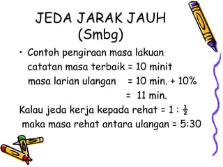 JEDA JARAK JAUH (Smbg) Contoh pengiraan masa lakuan catatan masa terbaik = 10 minit masa larian ulangan  = 10 min. + 10% =  11 min. Kalau jeda kerja kepada rehat = 1 : ½ maka masa rehat antara ulangan = 5:30 