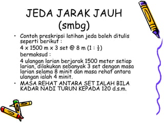 JEDA JARAK JAUH (smbg) Contoh preskripsi latihan jeda boleh ditulis seperti berikut : 4 x 1500 m x 3 set @ 8 m (1 : ½) bermaksud : 4 ulangan larian berjarak 1500 meter setiap larian, dilakukan sebanyak 3 set dengan masa larian selama 8 minit dan masa rehat antara ulangan ialah 4 minit. MASA REHAT ANTARA SET IALAH BILA KADAR NADI TURUN KEPADA 120 d.s.m.  