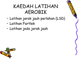 KAEDAH LATIHAN AEROBIK Latihan jarak jauh perlahan (LSD) Latihan Fartlek Latihan jeda jarak jauh 