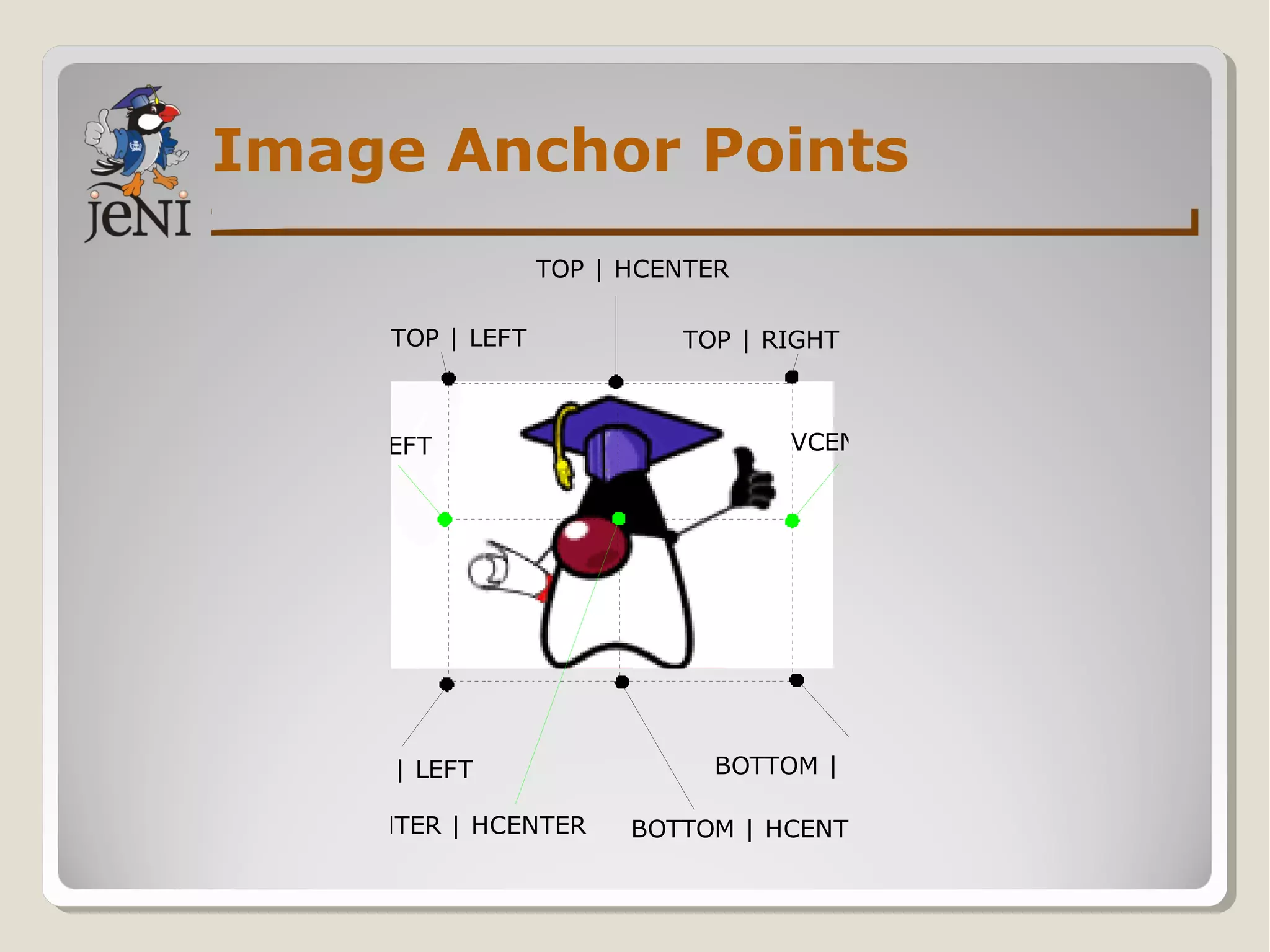 Image Anchor Points
TOP | LEFT
BOTTOM | HCENTER
BOTTOM | LEFT BOTTOM | RIGHT
TOP | RIGHT
TOP | HCENTER
VCENTER | LEFT VCENTER | RIGHT
VCENTER | HCENTER
 