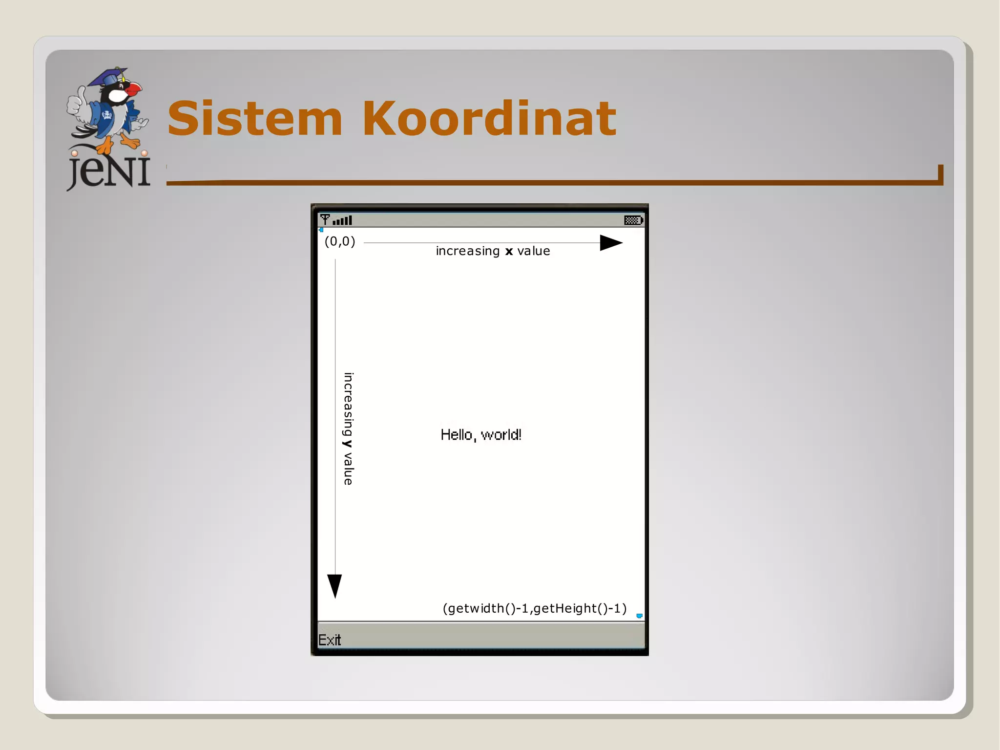 Sistem Koordinat
(0,0)
increasing x value
increasingyvalue
(getwidth()-1,getHeight()-1)
 