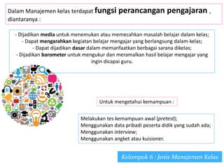 Dalam Manajemen kelas terdapat fungsi perancangan pengajaran ,
diantaranya :
- Dijadikan media untuk menemukan atau memecahkan masalah belajar dalam kelas;
- Dapat mengarahkan kegiatan belajar mengajar yang berlangsung dalam kelas;
- Dapat dijadikan dasar dalam memanfaatkan berbagai sarana dikelas;
- Dijadikan barometer untuk mengukur dan meramalkan hasil belajar mengajar yang
ingin dicapai guru.
Kelompok 6 : Jenis Manajemen Kelas
Untuk mengetahui kemampuan :
Melakukan tes kemampuan awal (pretest);
Menggunakan data pribadi peserta didik yang sudah ada;
Menggunakan interview;
Menggunakan angket atau kuisioner.
 