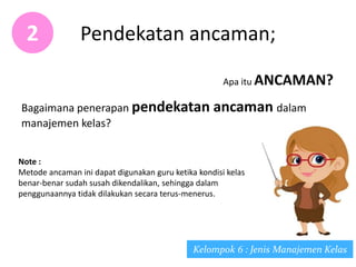 Pendekatan ancaman;2
Apa itu ANCAMAN?
Bagaimana penerapan pendekatan ancaman dalam
manajemen kelas?
Kelompok 6 : Jenis Manajemen Kelas
Note :
Metode ancaman ini dapat digunakan guru ketika kondisi kelas
benar-benar sudah susah dikendalikan, sehingga dalam
penggunaannya tidak dilakukan secara terus-menerus.
 