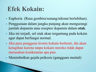  Euphoria (Rasa gembira/senang/nikmat berlebihan).
 Penggunaan dalam jangka panjang akan mengurangi
jumlah dopamin atau reseptor dopamin dalam otak.
 Jika ini terjadi, sel otak akan tergantung pada kokain
agar dapat berfungsi normal.
 Jika para pengguna kronis kokain berhenti, dia akan
ketagihan karena tanpa kokain mereka tidak dapat
merasakan kenikmatan apa pun.
 Menimbulkan gejala psikosis (gangguan mental)
 