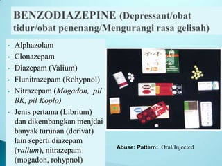 • Alphazolam
• Clonazepam
• Diazepam (Valium)
• Flunitrazepam (Rohypnol)
• Nitrazepam (Mogadon, pil
BK, pil Koplo)
• Jenis pertama (Librium)
dan dikembangkan menjdai
banyak turunan (derivat)
lain seperti diazepam
(valium), nitrazepam
(mogadon, rohypnol)
Abuse: Pattern: Oral/Injected
 