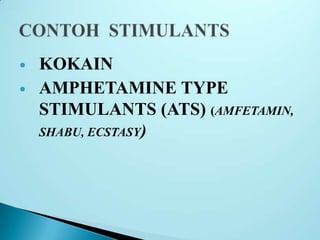  KOKAIN
 AMPHETAMINE TYPE
STIMULANTS (ATS) (AMFETAMIN,
SHABU, ECSTASY)
 