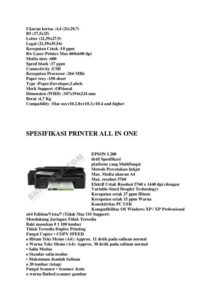 Jenis printer dan spesifikasinya