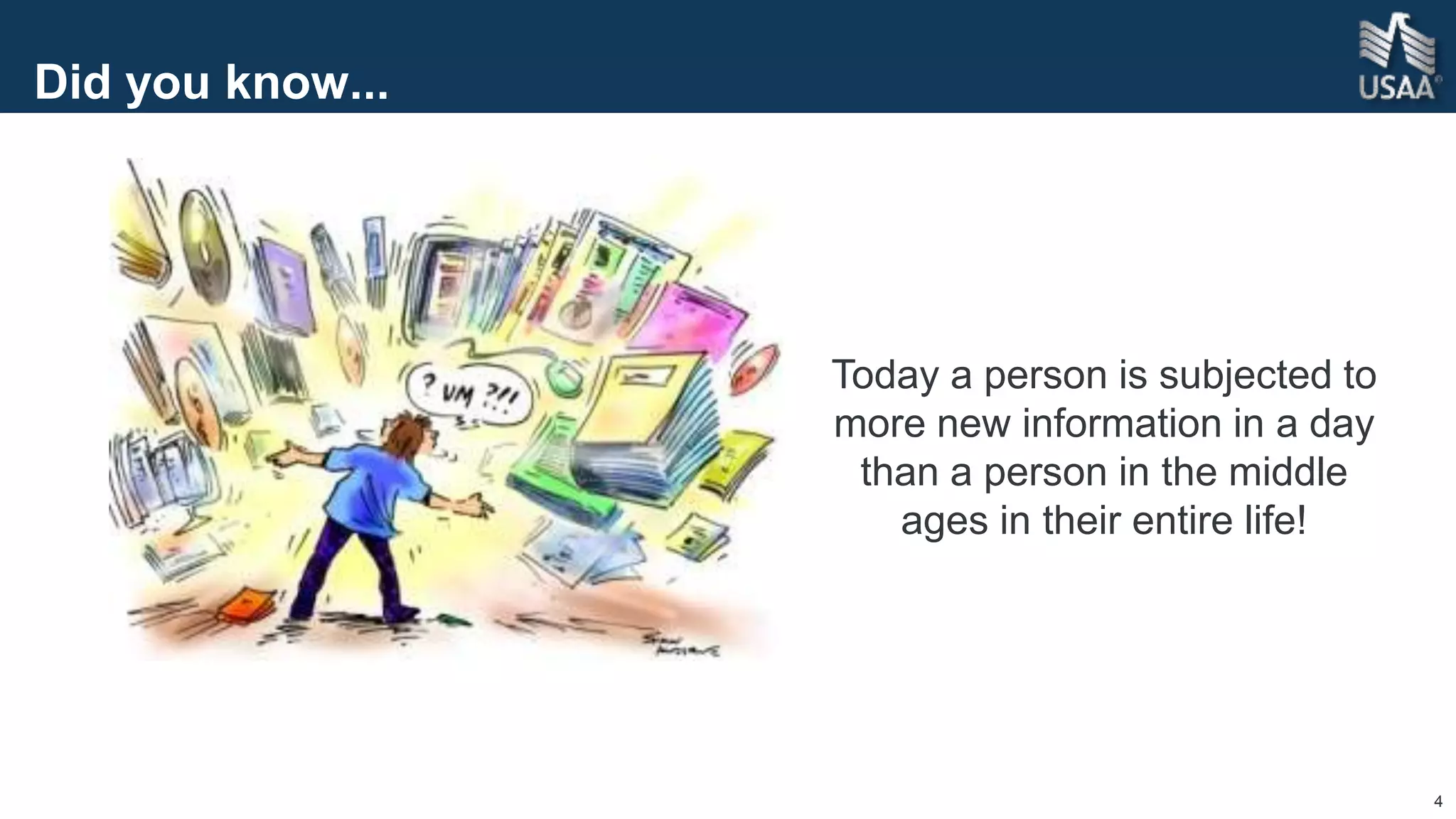 4
Did you know...
Today a person is subjected to
more new information in a day
than a person in the middle
ages in their entire life!
 
