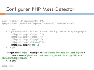 Configurer PHP Mess Detector
<?xml version="1.0" encoding="UTF-8"?>
<project name="Syndication Component" basedir="." default="main">

    <!-- ... -->
    <target name="build" depends="prepare" description="Building the project">
        <phingcall target="phpunit" />
        <phingcall target="phpdoc" />
        <phingcall target="phpcpd" />
        <phingcall target="pdepend" />
        <phingcall target="pmd" />
    </target>

    <target name="phpmd" description="Generating PHP Mess Detector report">
        <exec command="phpmd src/ xml codesize,unusedcode --reportfile $
{builddir}/logs/pmd.xml" />
    </target>

</project>
 