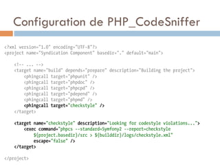 Configuration de PHP_CodeSniffer
<?xml version="1.0" encoding="UTF-8"?>
<project name="Syndication Component" basedir="." default="main">

    <!-- ... -->
    <target name="build" depends="prepare" description="Building the project">
        <phingcall target="phpunit" />
        <phingcall target="phpdoc" />
        <phingcall target="phpcpd" />
        <phingcall target="pdepend" />
        <phingcall target="phpmd" />
        <phingcall target="checkstyle" />
    </target>

    <target name="checkstyle" description="Looking for codestyle violations...">
        <exec command="phpcs --standard=Symfony2 --report=checkstyle
            ${project.basedir}/src > ${builddir}/logs/checkstyle.xml"
            escape="false" />
    </target>

</project>
 
