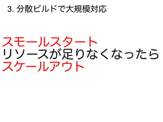 3. 分散ビルドで大規模対応
スモールスタート
リソースが足りなくなったら
スケールアウト
 