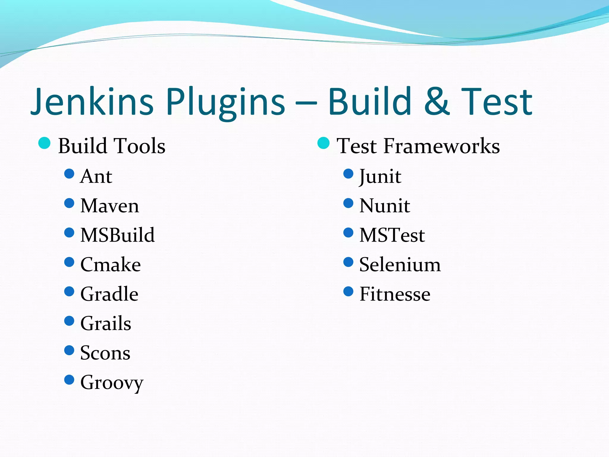 Jenkins Plugins – Build & Test
Build Tools     Test Frameworks
  Ant             Junit
  Maven           Nunit
  MSBuild         MSTest
  Cmake           Selenium
  Gradle          Fitnesse
  Grails
  Scons
  Groovy
 
