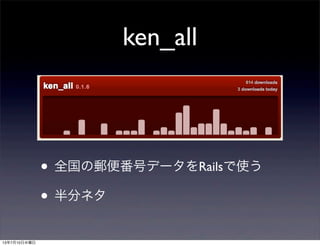ken_all
• 全国の郵便番号データをRailsで使う
• 半分ネタ
13年7月10日水曜日
 