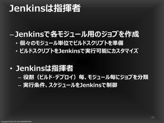 Copyright © 2013 NTT DATA CORPORATION
Jenkinsは指揮者
–Jenkinsで各モジュール用のジョブを作成
• 個々のモジュール単位でビルドスクリプトを準備
• ビルドスクリプトをJenkinsで実行可能にカスタマイズ
• Jenkinsは指揮者
– 役割（ビルド・デプロイ）毎、モジュール毎にジョブを分類
– 実行条件、スケジュールをJenkinsで制御
24
 