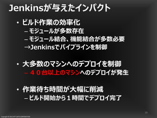 Copyright © 2013 NTT DATA CORPORATION
Jenkinsが与えたインパクト
• ビルド作業の効率化
– モジュールが多数存在
– モジュール結合、機能結合が多数必要
→Jenkinsでパイプラインを制御
• 大多数のマシンへのデプロイを制御
– ４０台以上のマシンへのデプロイが発生
• 作業待ち時間が大幅に削減
– ビルド開始から１時間でデプロイ完了
29
 