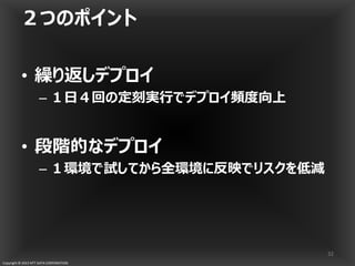 Copyright © 2013 NTT DATA CORPORATION
２つのポイント
• 繰り返しデプロイ
– １日４回の定刻実行でデプロイ頻度向上
• 段階的なデプロイ
– １環境で試してから全環境に反映でリスクを低減
32
 