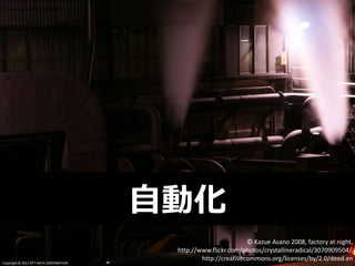 Copyright © 2013 NTT DATA CORPORATIONCopyright © 2013 NTT DATA CORPORATION
© Kazue Asano 2008, factory at night,
http://www.flickr.com/photos/crystallineradical/3070909504/,
http://creativecommons.org/licenses/by/2.0/deed.en
自動化
Copyright © 2013 NTT DATA CORPORATION
 