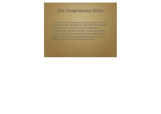 Die Integrations-Hölle
1. mehrere Entwickler arbeiten unversioniert am Code
2. sprechen sich mündlich ab (oder über Klebebacker)
3. arbeiten auf unterschiedlichen Plattformen
4. Änderungen werden händisch zusammengeführt
5. Danach wird der unveränderte Teil nicht getestet
6. Man hofft und vermutet, zB. dass mein Code von
gestern noch nicht überschrieben wurde

 