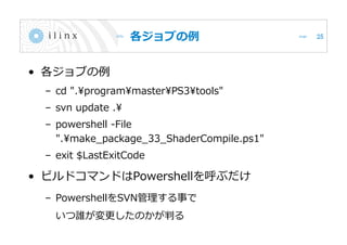 各ジョブの例
• 各ジョブの例
– cd ".programmasterPS3tools"
– svn update .
– powershell -File
".make_package_33_ShaderCompile.ps1"
– exit $LastExitCode
• ビルドコマンドはPowershellを呼ぶだけ
– PowershellをSVN管理する事で
いつ誰が変更したのかが判る
25
 