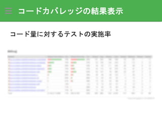 コードカバレッジの結果表示
コード量に対するテストの実施率
100%にする必要はないけど、モチベーションになる
 
