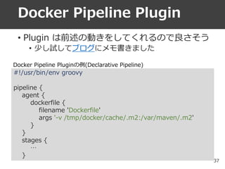 Docker Pipeline Plugin
• Plugin は前述の動きをしてくれるので良さそう
• 少し試してブログにメモ書きました
#!/usr/bin/env groovy
pipeline {
agent {
dockerfile ...