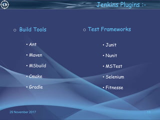 o Build Tools
13
• Ant
• Maven
• MSbuild
• Cmake
• Gradle
o Test Frameworks
• Junit
• Nunit
• MSTest
• Selenium
• Fitnesse
Jenkins Plugins :-
29 November 2017
 