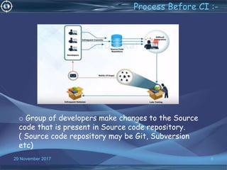 6
o Group of developers make changes to the Source
code that is present in Source code repository.
( Source code repository may be Git, Subversion
etc)
Process Before CI :-
29 November 2017
 