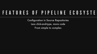 F E A T U R E S 	 O F 	 P I P E L I N E 	 E C O S Y S T E M
Configuration
in
Source
Repositories
Less
click-and-type,
more
code
From
simple
to
complex
 
