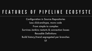 F E A T U R E S 	 O F 	 P I P E L I N E 	 E C O S Y S T E M
Configuration
in
Source
Repositories
Less
click-and-type,
more
code
From
simple
to
complex
Survives
Jenkins
restarts
&
connection
losses
Reusable
Definitions
Build
history/trend
segregated
per
branches
UI
 