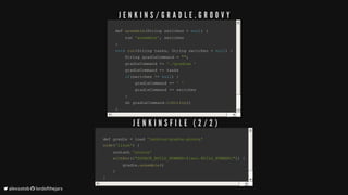 def	def	assembleassemble((String	switches	String	switches	==		nullnull))		{{
				run					run	'assemble''assemble',,	switches	switches
}}
voidvoid		runrun((String	tasksString	tasks,,	String	switches		String	switches	==		nullnull))		{{
				String	gradleCommand					String	gradleCommand	==		"""";;
				gradleCommand					gradleCommand	++==		'./gradlew	''./gradlew	'
				gradleCommand					gradleCommand	++==	tasks	tasks
								ifif((switches	switches	!=!=		nullnull))		{{
								gradleCommand									gradleCommand	++==		'	''	'
								gradleCommand									gradleCommand	++==	switches	switches
								}}
				sh	gradleCommand				sh	gradleCommand..toStringtoString(())
}}
returnreturn		thisthis;;
def	gradle	def	gradle	==	load		load	'jenkins/gradle.groovy''jenkins/gradle.groovy'
nodenode(('linux''linux'))		{{
				unstash					unstash	'source''source'
								withEnvwithEnv(([["SOURCE_BUILD_NUMBER=${env.BUILD_NUMBER}""SOURCE_BUILD_NUMBER=${env.BUILD_NUMBER}"]]))		{{
								gradle								gradle..assembleassemble(())
								}}
}}
J E N K I N S / G R A D L E . G R O O V Y
J E N K I N S F I L E 	 ( 2 / 2 )
	alexsotob		lordofthejars
 