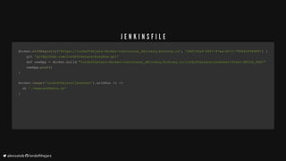 dockerdocker..withRegistrywithRegistry(('https://lordofthejars-docker-continuous_delivery.bintray.io''https://lordofthejars-docker-continuous_delivery.bintray.io',,		'd4fc3fa9-39f7-47ea-a57c-795642f90989''d4fc3fa9-39f7-47ea-a57c-795642f90989'))		{{
				git					git	'git@github.com:lordofthejars/busybox.git''git@github.com:lordofthejars/busybox.git'
				def	newApp					def	newApp	==	docker	docker..build	build	"lordofthejars-docker-continuous_delivery.bintray.io/lordofthejars/javatest:${env.BUILD_TAG}""lordofthejars-docker-continuous_delivery.bintray.io/lordofthejars/javatest:${env.BUILD_TAG}"
				newApp				newApp..pushpush(())
}}
dockerdocker..imageimage(('lordofthejars/javatest''lordofthejars/javatest'))..withRun	withRun	{{c	c	-->>
		sh			sh	'./executeTests.sh''./executeTests.sh'
}}
J E N K I N S F I L E
	alexsotob		lordofthejars
 