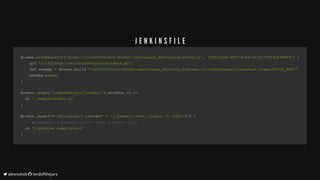 dockerdocker..withRegistrywithRegistry(('https://lordofthejars-docker-continuous_delivery.bintray.io''https://lordofthejars-docker-continuous_delivery.bintray.io',,		'd4fc3fa9-39f7-47ea-a57c-795642f90989''d4fc3fa9-39f7-47ea-a57c-795642f90989'))		{{
				git					git	'git@github.com:lordofthejars/busybox.git''git@github.com:lordofthejars/busybox.git'
				def	newApp					def	newApp	==	docker	docker..build	build	"lordofthejars-docker-continuous_delivery.bintray.io/lordofthejars/javatest:${env.BUILD_TAG}""lordofthejars-docker-continuous_delivery.bintray.io/lordofthejars/javatest:${env.BUILD_TAG}"
				newApp				newApp..pushpush(())
}}
dockerdocker..imageimage(('lordofthejars/javatest''lordofthejars/javatest'))..withRun	withRun	{{c	c	-->>
		sh			sh	'./executeTests.sh''./executeTests.sh'
}}
dockerdocker..imageimage(('8-jdk-alpine''8-jdk-alpine'))..insideinside(('-v	~/.gradle:/root/.gradle	-u	1000:50''-v	~/.gradle:/root/.gradle	-u	1000:50'))		{{
				//	workspace	is	mounted	inside	image	automatically//	workspace	is	mounted	inside	image	automatically
		sh			sh	'./gradlew	compileJava''./gradlew	compileJava'
}}
J E N K I N S F I L E
	alexsotob		lordofthejars
 