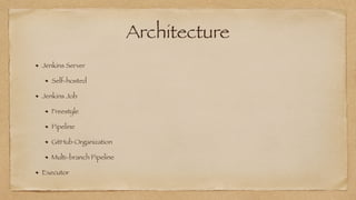 Architecture
Jenkins Server


Self-hosted


Jenkins Job


Freestyle


Pipeline


GitHub Organization


Multi-branch Pipeline


Executor
 