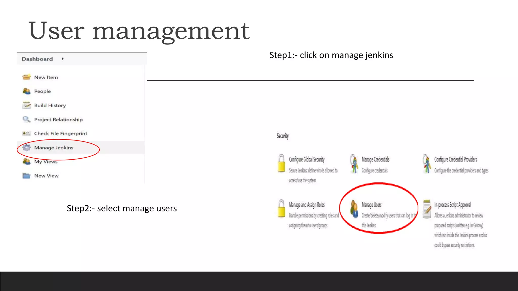 User management
Step1:- click on manage jenkins
Step2:- select manage users
 