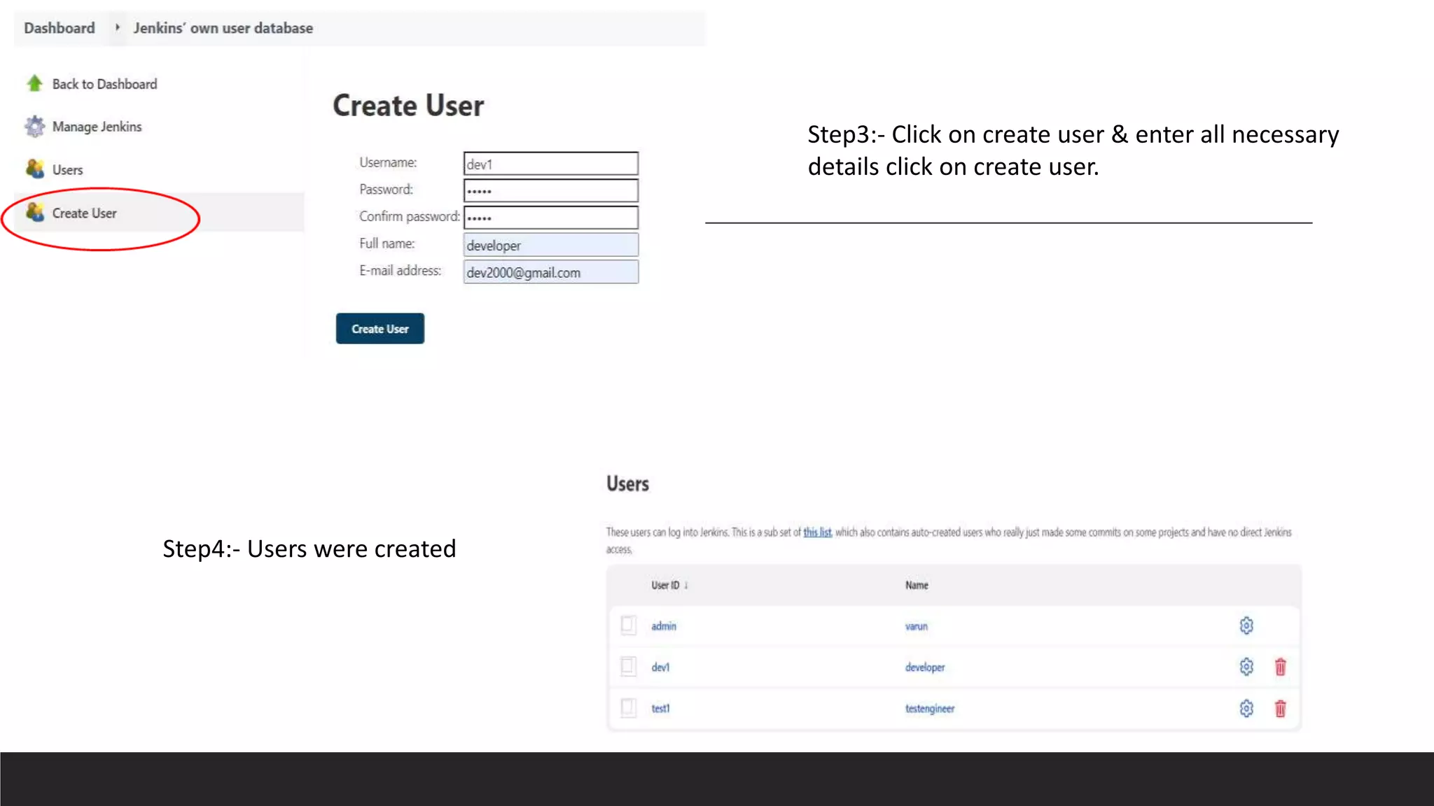 Step3:- Click on create user & enter all necessary
details click on create user.
Step4:- Users were created
 