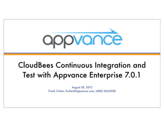 CloudBees Continuous Integration and
Test with Appvance Enterprise 7.0.1
August 28, 2013
Frank Cohen, fcohen@appvance.com, (408) 364-5508
 