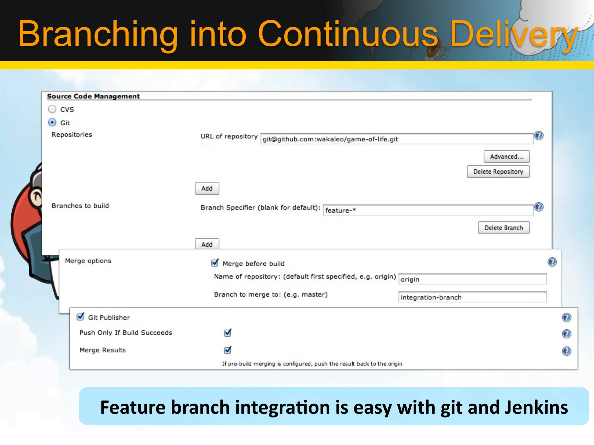Branching into Continuous Delivery




     Feature	
  branch	
  integraLon	
  is	
  easy	
  with	
  git	
  and	
  Jenkins
 