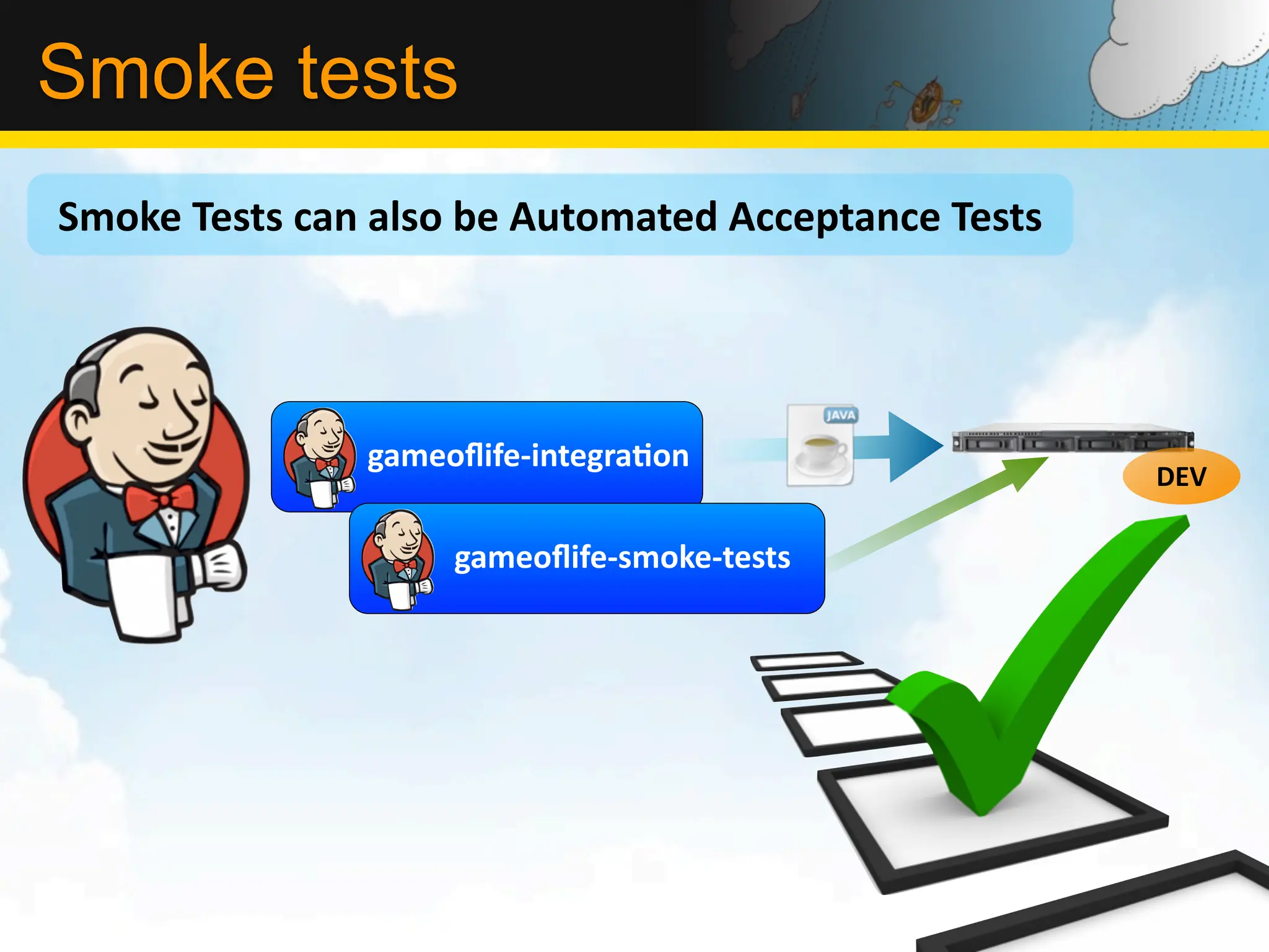 Smoke tests
Smoke	
  Tests	
  can	
  also	
  be	
  Automated	
  Acceptance	
  Tests




                      gameoﬂife-­‐integraLon
                                                                          DEV

                            gameoﬂife-­‐smoke-­‐tests
 