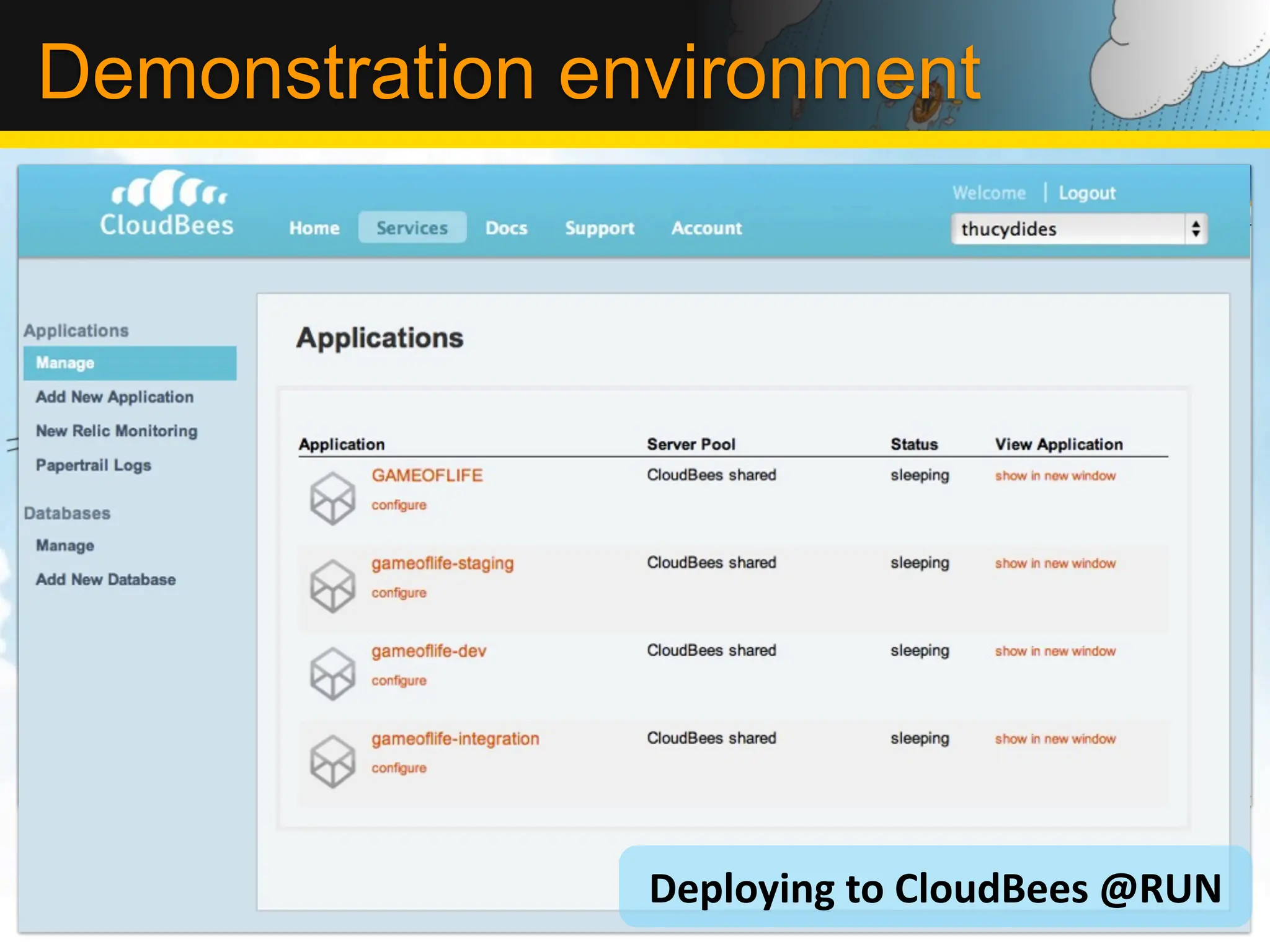 Demonstration environment




                Deploying	
  to	
  CloudBees	
  @RUN
 