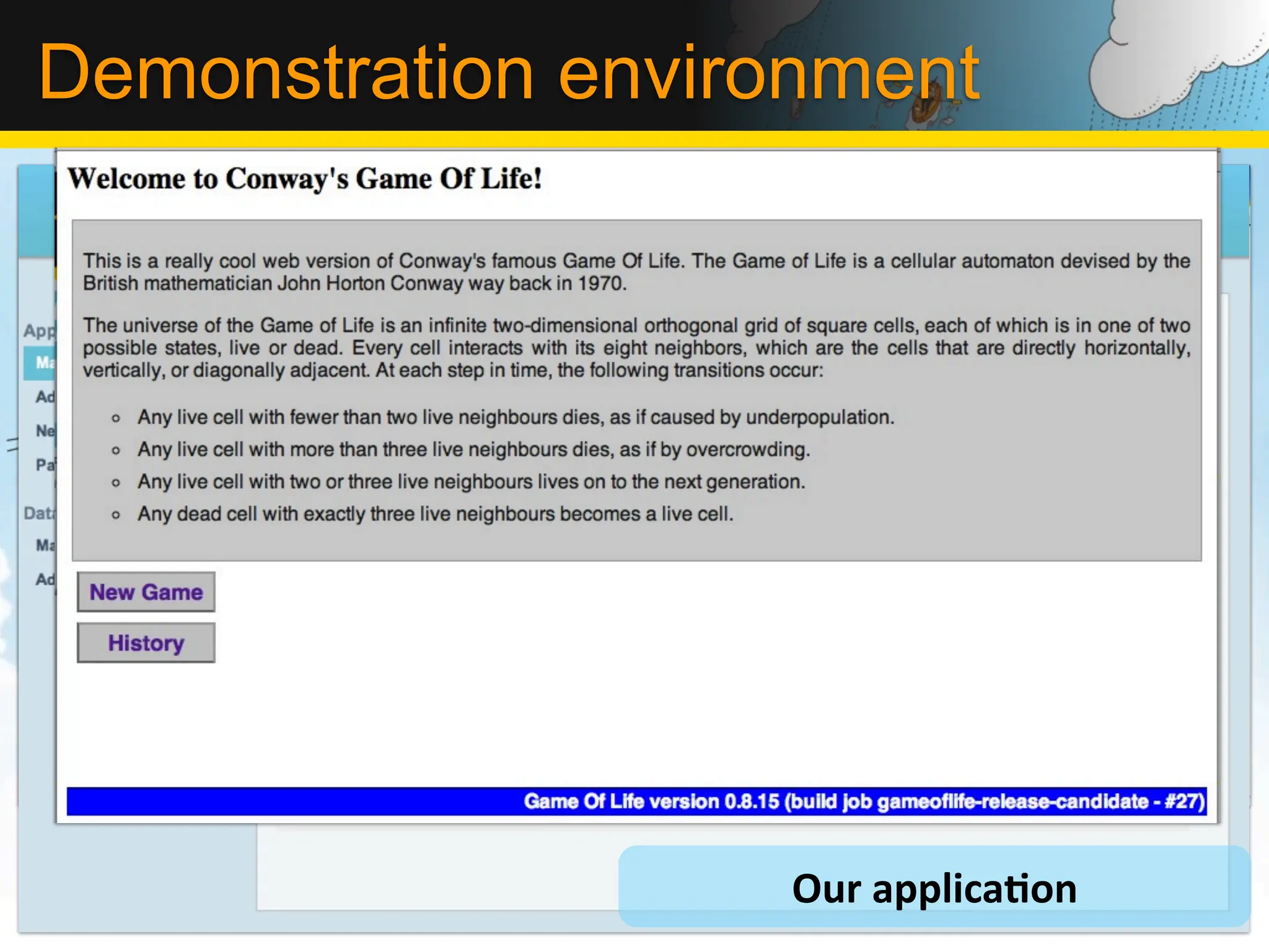 Demonstration environment




                    Our	
  applicaLon
 