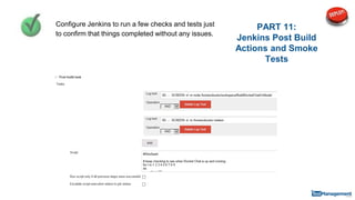 PART 11:
Jenkins Post Build
Actions and Smoke
Tests
Configure Jenkins to run a few checks and tests just
to confirm that things completed without any issues.
 