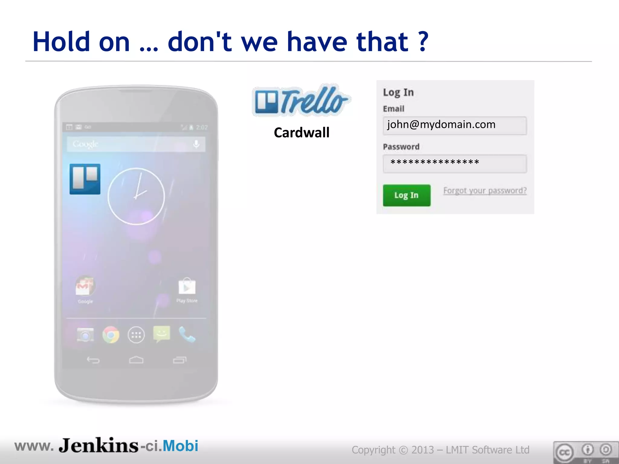 Hold on … don't we have that ?

                                      john@mydomain.com
                    Cardwall
                                      ***************




www.     -ci.Mobi              Copyright © 2013 – LMIT Software Ltd
 